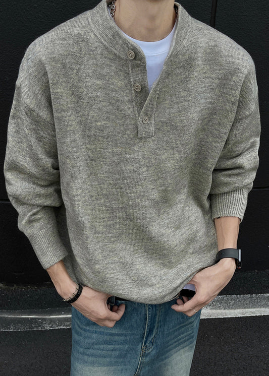 Loose Grey Button Solid Knit Men Sweaters Spring TK014