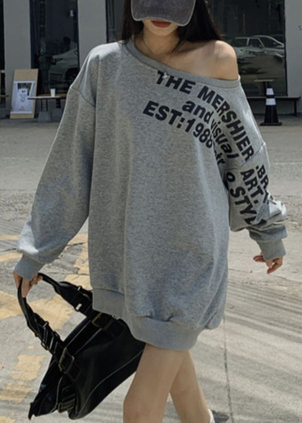 Loose Cold Cotton Sweatshirt Spring Grey Letter Shoulder Print