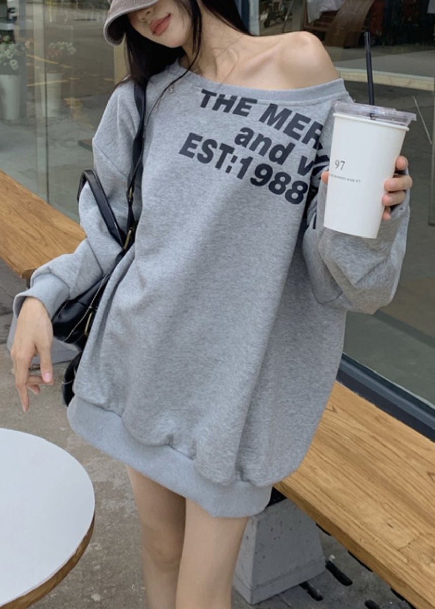 Grey Spring Print Shoulder Cotton Cold Sweatshirt Letter Loose