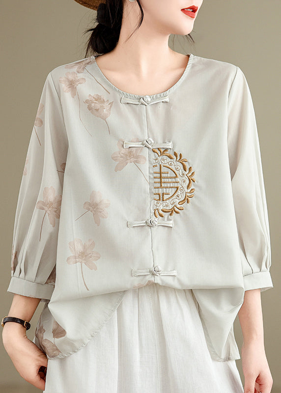 Loose Grey Embroidered Button Print Cotton Shirts Spring VV036