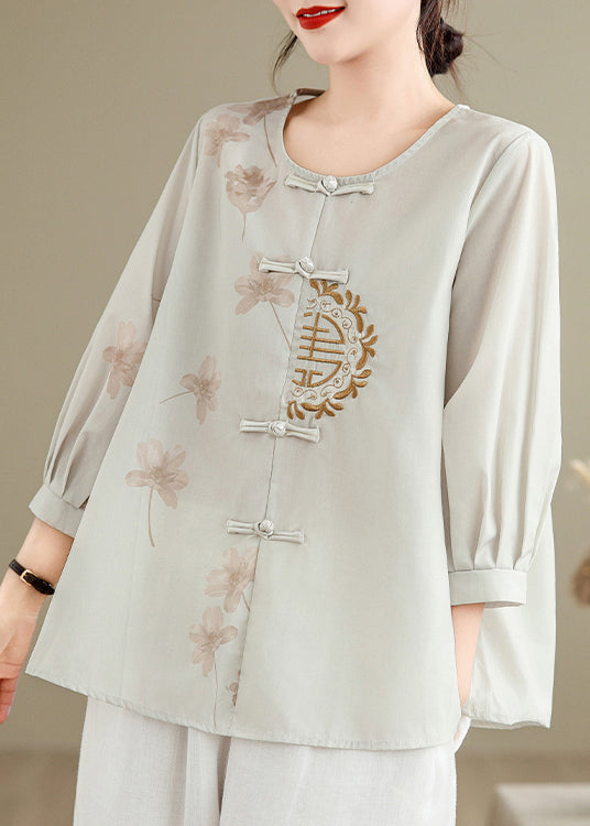 Loose Grey Embroidered Button Print Cotton Shirts Spring VV036