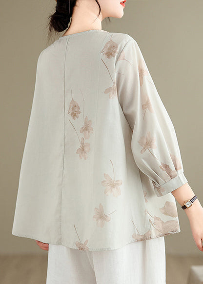 Loose Grey Embroidered Button Print Cotton Shirts Spring VV036