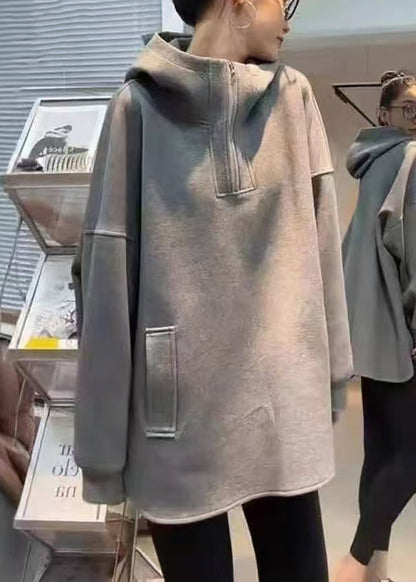 Loose Spring Zippered Hooded Cotton Sweatshirts Grey
