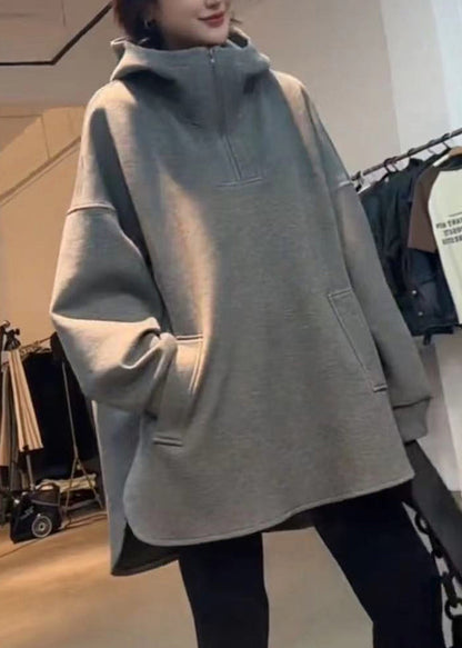 Loose Spring Zippered Hooded Cotton Sweatshirts Grey