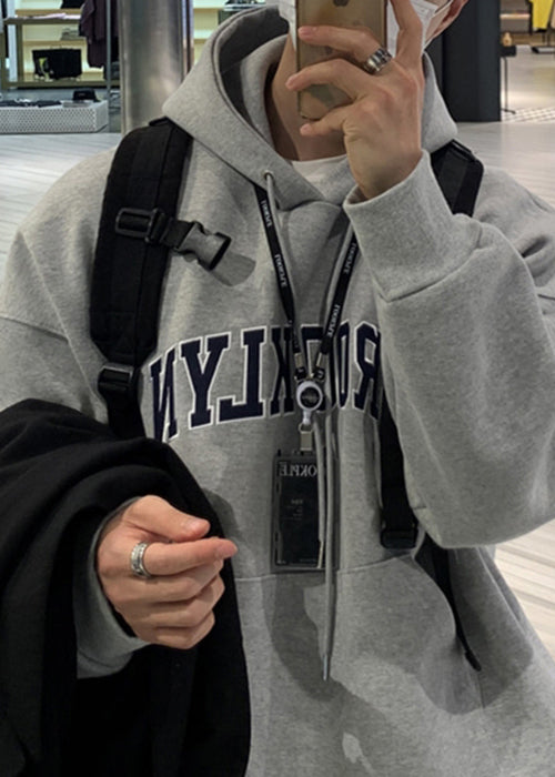 Loose Grey Letter Pockets Warm Fleece Men Sweatshirts Spring YQ025