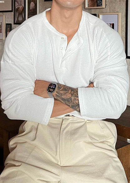 Solid Spring Men T Button Shirts Neck Grey Loose Cotton O