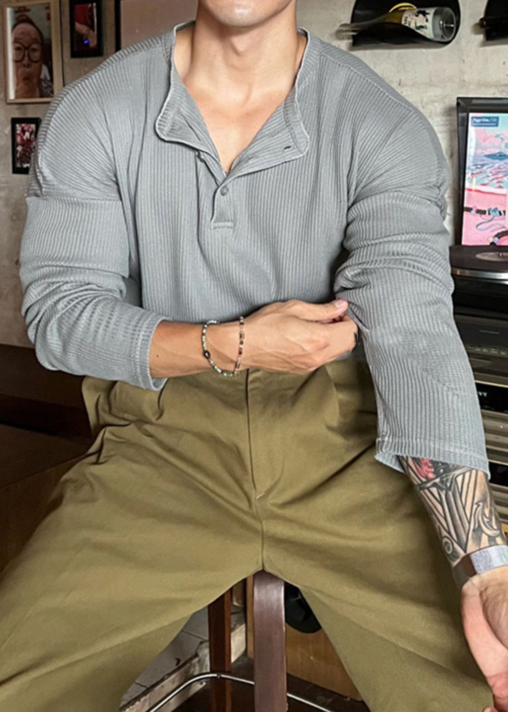 Solid Spring Men T Button Shirts Neck Grey Loose Cotton O