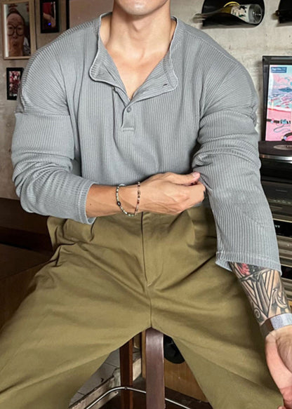 Solid Spring Men T Button Shirts Neck Grey Loose Cotton O