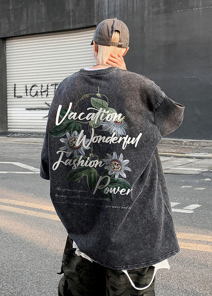 Neck Grey T Loose Print Cotton Summer O Men Shirt