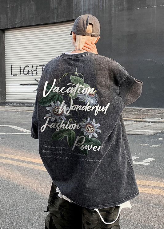 Neck Grey T Loose Print Cotton Summer O Men Shirt