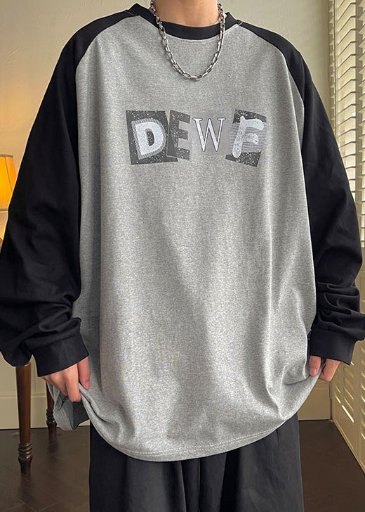 Shirt Spring Men Neck Loose T Cotton Patchwork Print Grey O