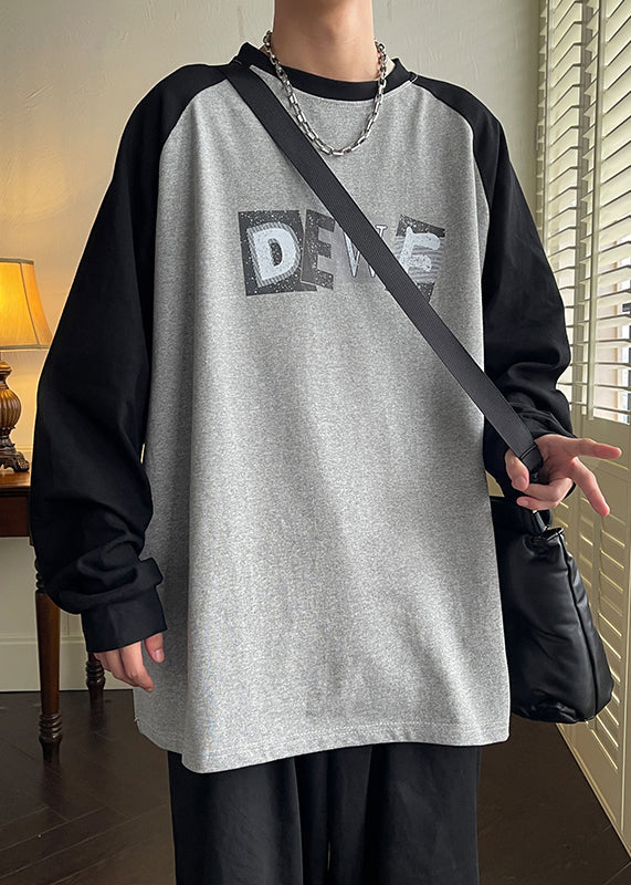 Shirt Spring Men Neck Loose T Cotton Patchwork Print Grey O