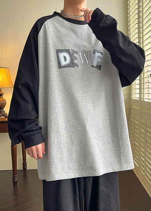 Shirt Spring Men Neck Loose T Cotton Patchwork Print Grey O