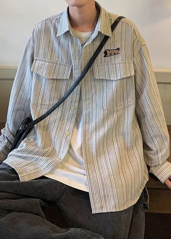 Men Loose Spring Pockets Grey Shirt Button Striped Cotton