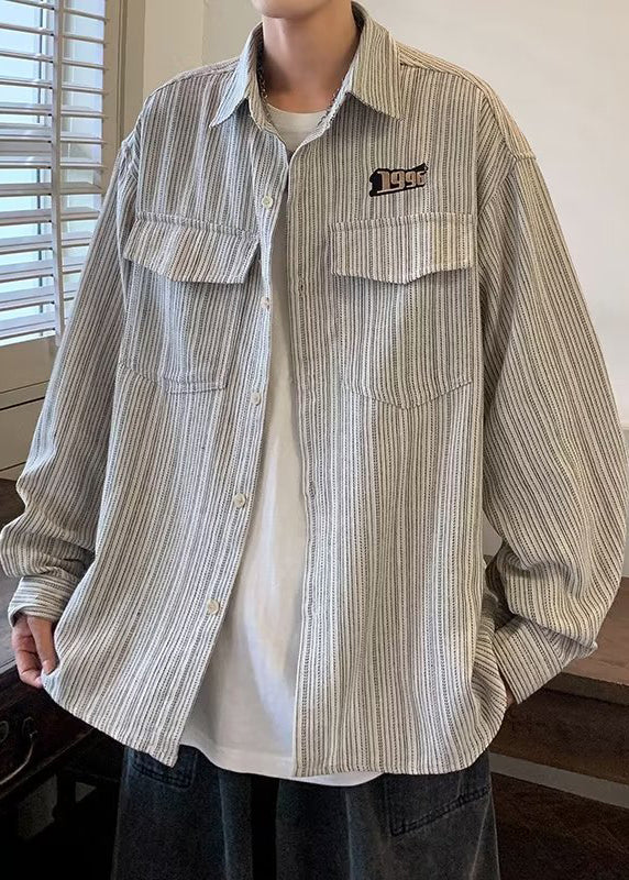 Men Loose Spring Pockets Grey Shirt Button Striped Cotton