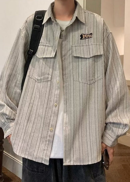 Striped Cotton Loose Grey Shirts Men Pockets Spring