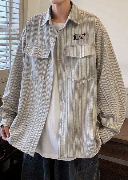 Striped Cotton Loose Grey Shirts Men Pockets Spring