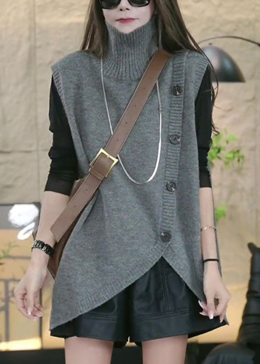 Loose Grey Turtleneck Asymmetrical Knit Waistcoat Sleeveless TY005
