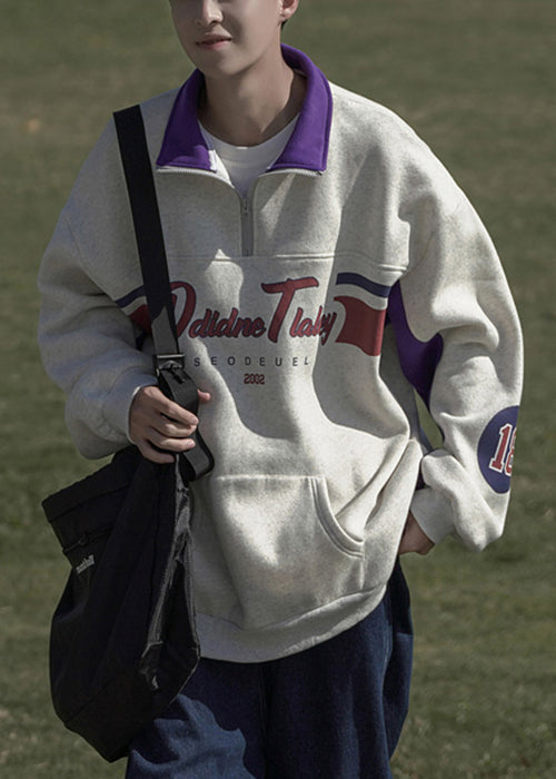 Men Cotton Sweatshirt Spring Grey Print Pockets Zippered Loose