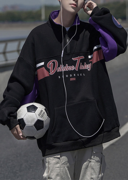 Men Cotton Sweatshirt Spring Grey Print Pockets Zippered Loose