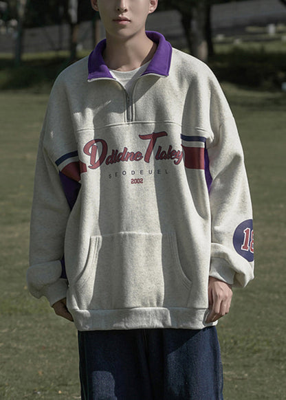 Men Cotton Sweatshirt Spring Grey Print Pockets Zippered Loose