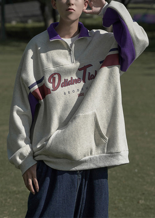 Men Cotton Sweatshirt Spring Grey Print Pockets Zippered Loose