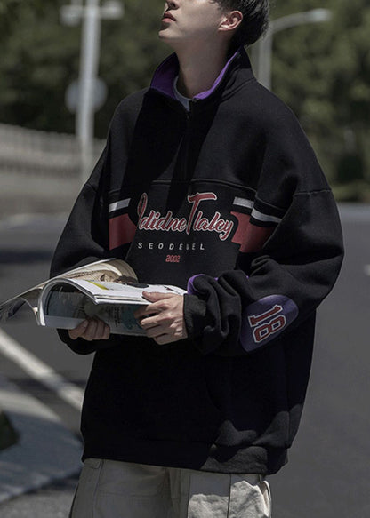 Men Cotton Sweatshirt Spring Grey Print Pockets Zippered Loose