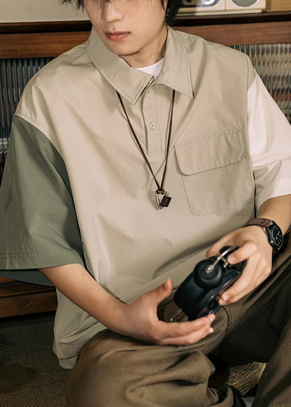 Loose Button Polo Asymmetrical Mens Cotton Patchwork Shirts Khaki