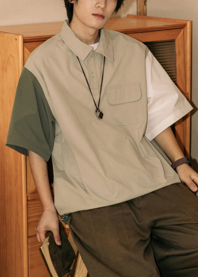 Loose Button Polo Asymmetrical Mens Cotton Patchwork Shirts Khaki