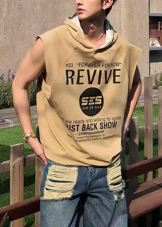 Sleeveless Loose Khaki Mens Letter Cotton Hooded Tanks