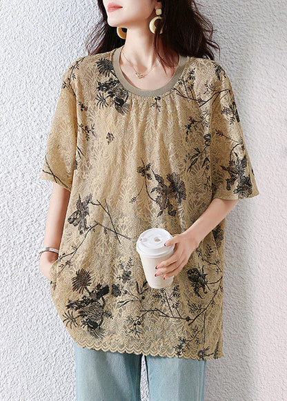 Print Neck Khaki Loose Summer O T Lace Shirt