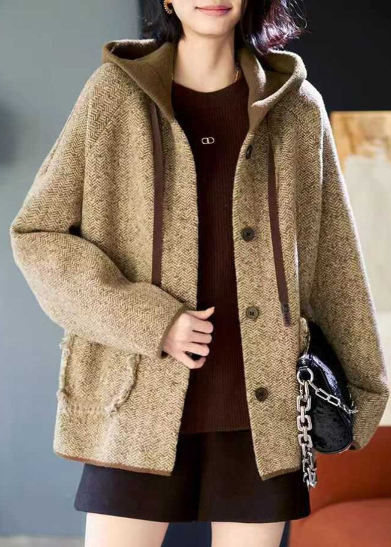 Woolen Patchwork Pockets Hooded Coats Spring Button Loose Khaki