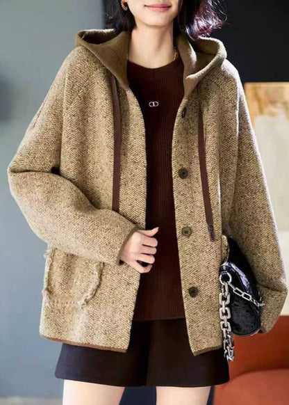 Woolen Patchwork Pockets Hooded Coats Spring Button Loose Khaki
