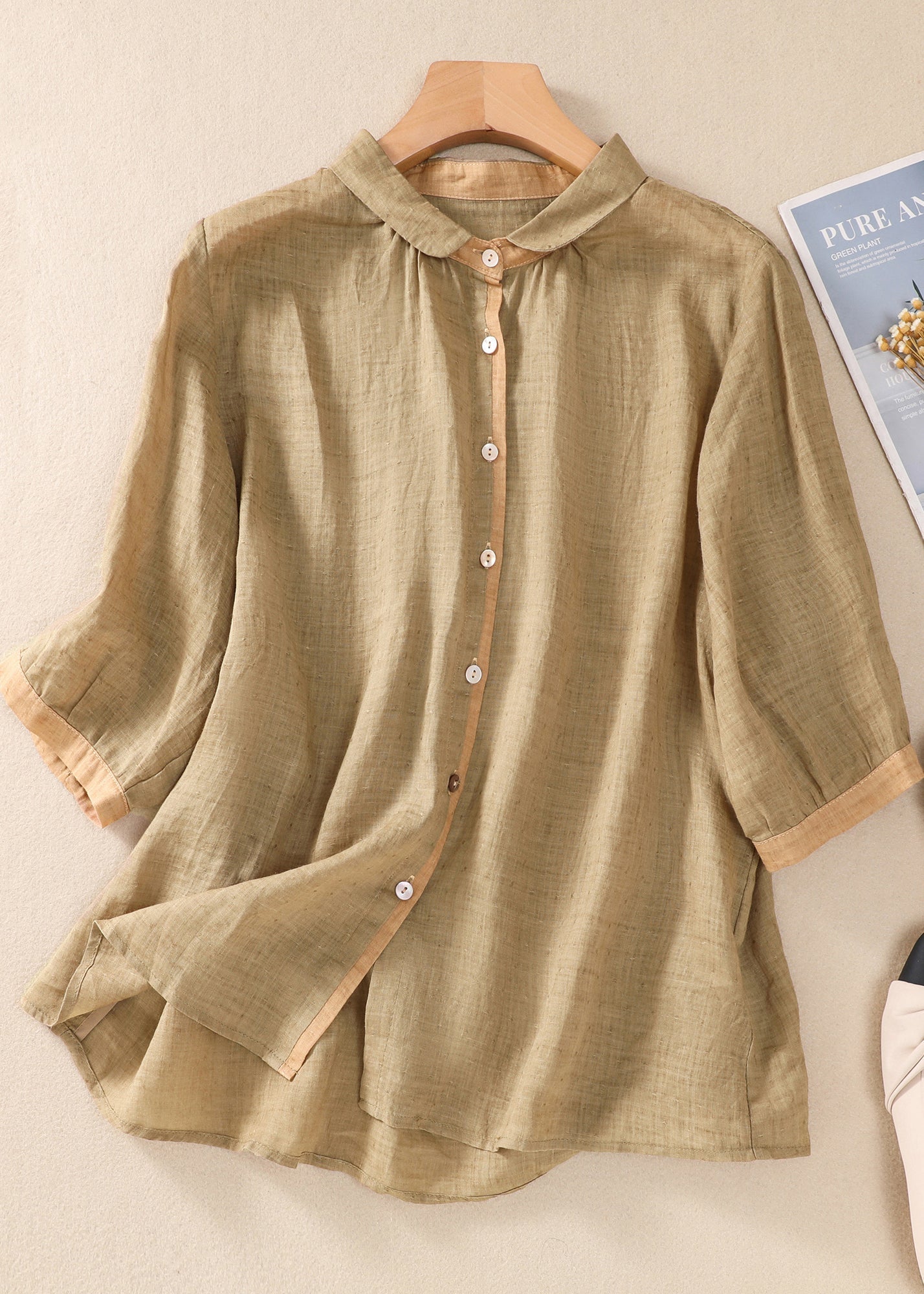 Lockere Khaki Peter Pan Kragen Knopf Leinen Bluse Tops Sommer AM1042