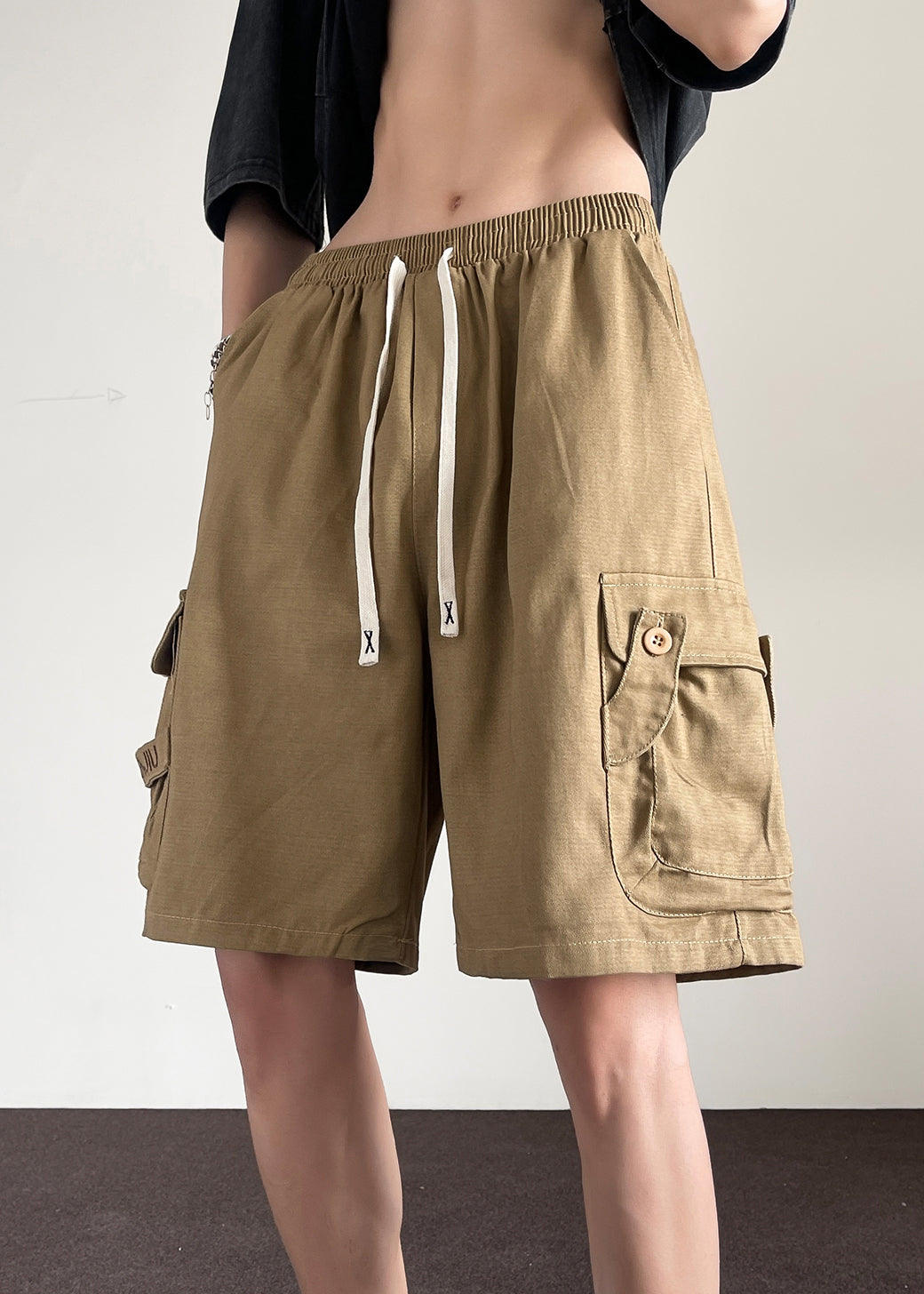 Drawstring Khaki Shorts Summer Men Cotton Button Pockets Loose
