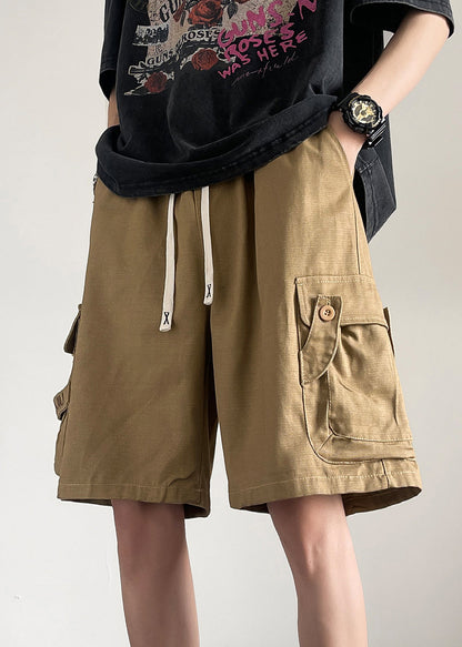 Drawstring Khaki Shorts Summer Men Cotton Button Pockets Loose