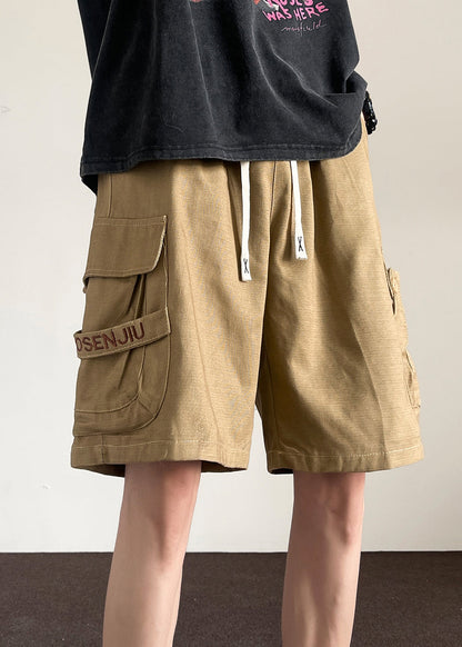 Drawstring Khaki Shorts Summer Men Cotton Button Pockets Loose