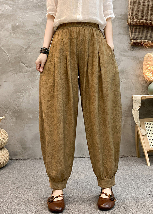 Lockere Khaki-Taschen Elastische Taille Baumwoll-Crop-Hose Sommer RE005