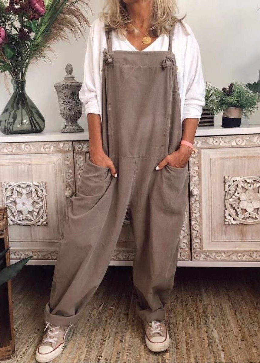 Lockerer khakifarbener Jumpsuit mit Taschen aus massiver Baumwolle, ärmellos FF062