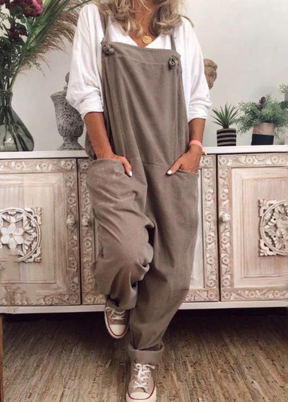 Lockerer khakifarbener Jumpsuit mit Taschen aus massiver Baumwolle, ärmellos FF062