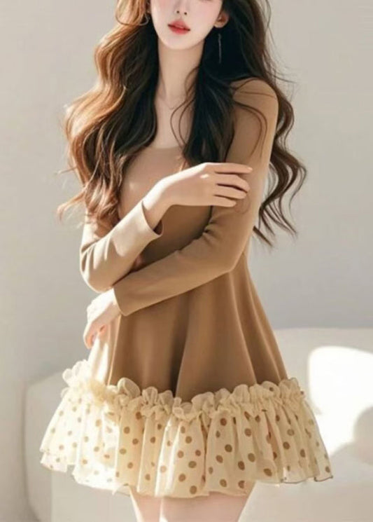 Khaki Ruffled Spring Dress Dot Tulle Mid Loose Patchwork