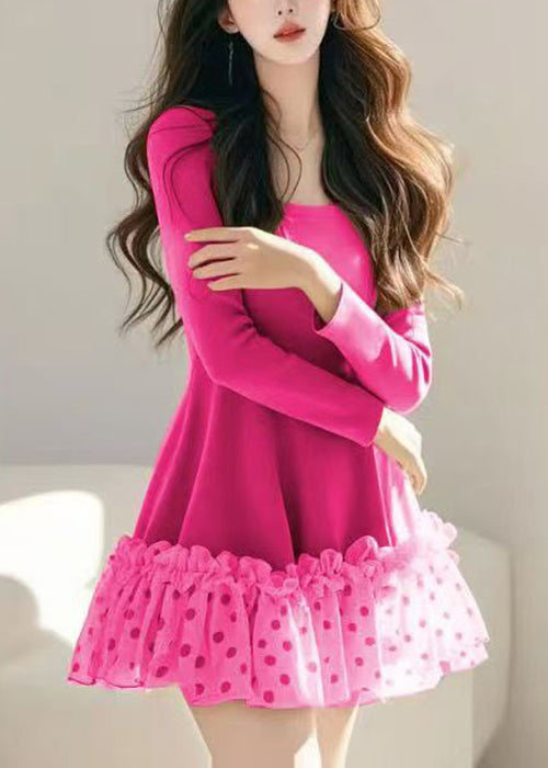 Khaki Ruffled Spring Dress Dot Tulle Mid Loose Patchwork