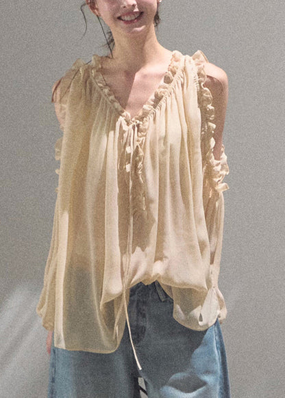 Khaki Loose Up Ruffled Chiffon Lace Shirts Fall