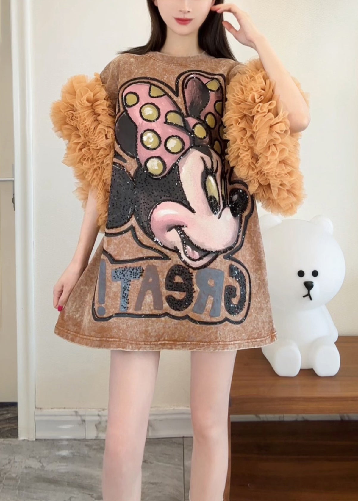 Dresses Shirts Ruffled Patchwork Summer Loose Tulle T Khaki