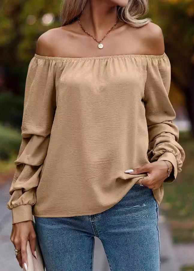 Shirts Neck Slash Loose Solid Khaki Spring Tops