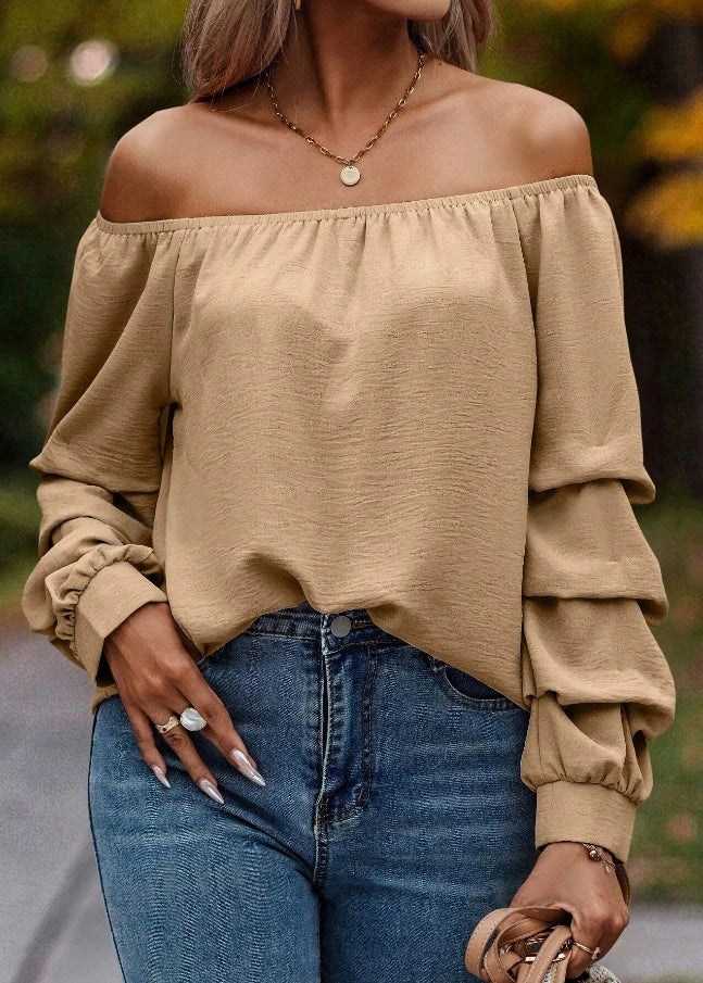 Shirts Neck Slash Loose Solid Khaki Spring Tops