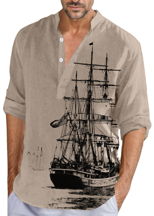 Button Collar Fall Print Loose Shirts Cotton Men Stand Khaki