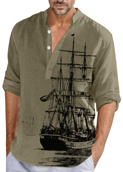 Button Collar Fall Print Loose Shirts Cotton Men Stand Khaki