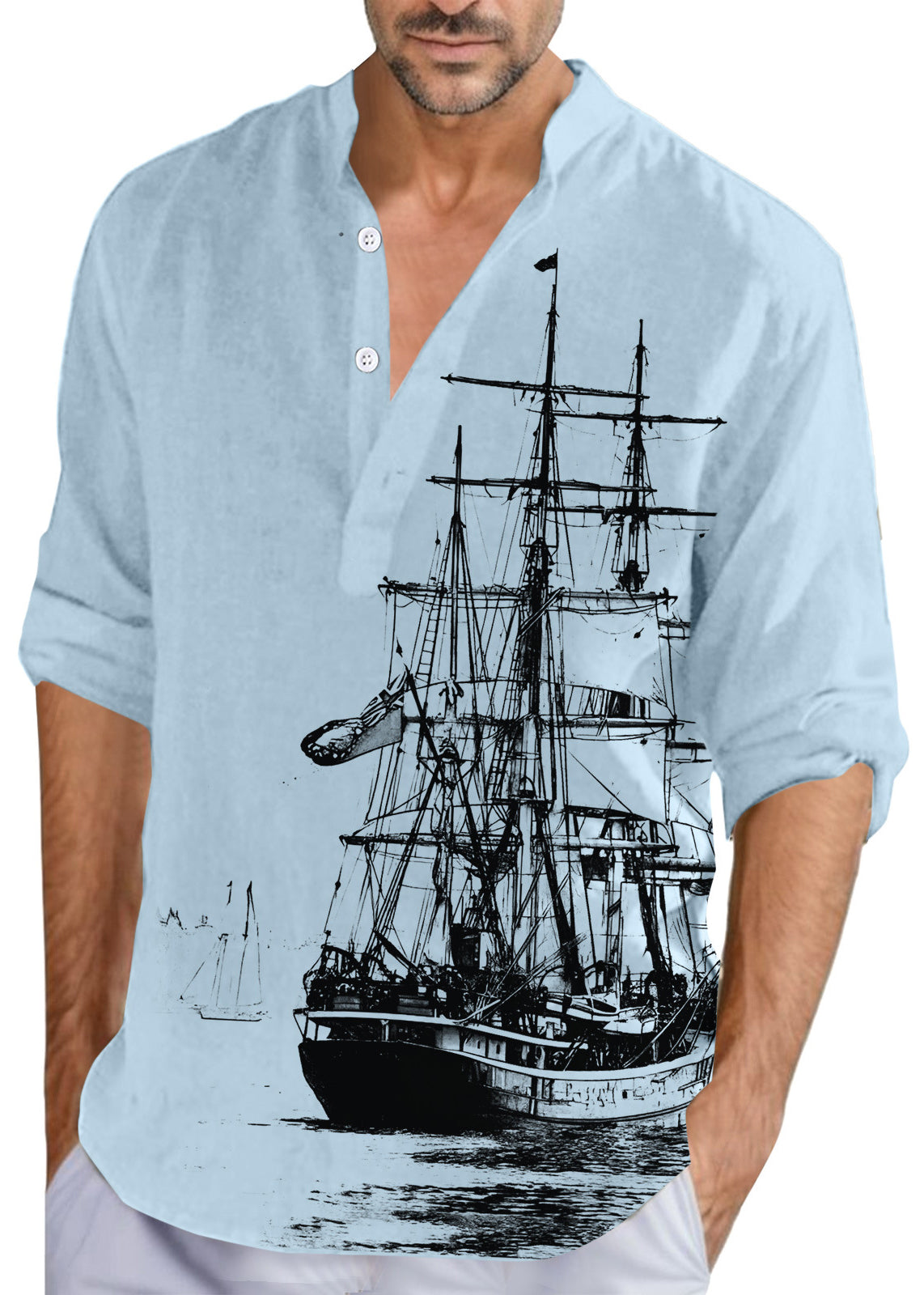 Button Collar Fall Print Loose Shirts Cotton Men Stand Khaki