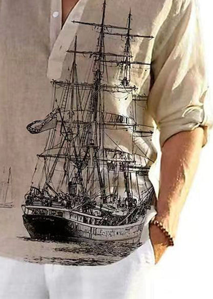 Button Collar Fall Print Loose Shirts Cotton Men Stand Khaki